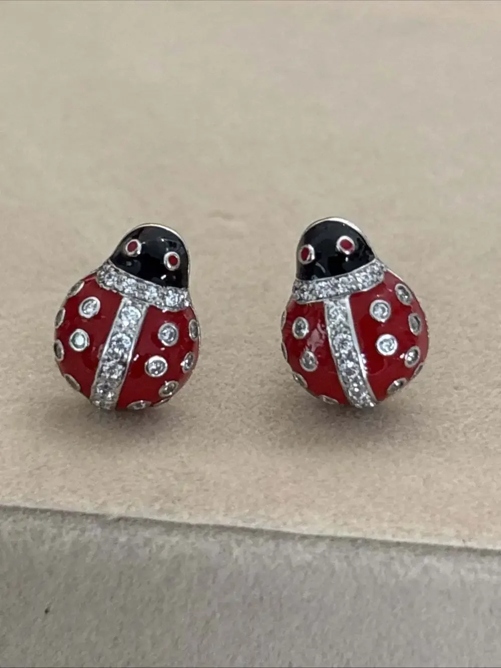 Sterling Silver 925 Red & Black ENAMEL LADYBUG Stud Earrings Cubic Zirconia CZ